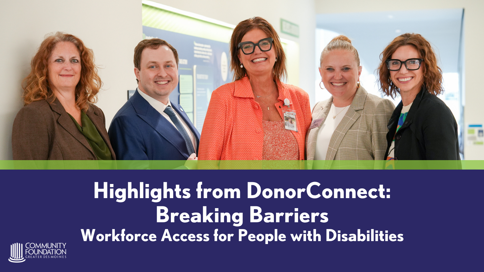 a group of five people smile at the camera, graphic con